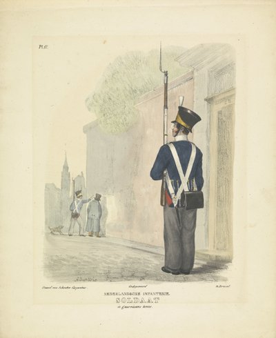 Sotilas varuskunnan asussa, 1820-1825 hollantilainen jalkaväki. Sotilas sissipuvussa (nimi esineessä) Alankomaiden kuningaskunnan sotilasasut. Omistettu Hänen ylhäisyydelleen Willem van Bylandtille (esineessä sarjan nimi) tekijältä A. Courtois