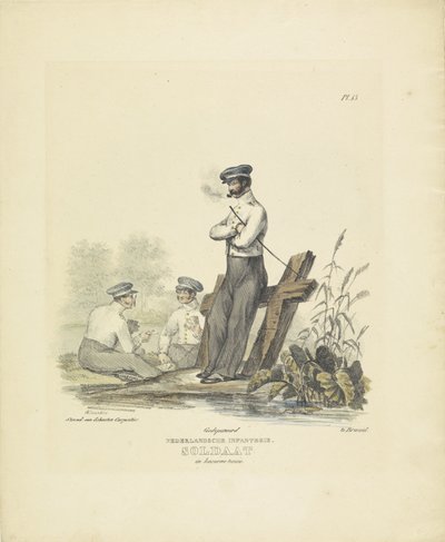Sotilas kasarmiunivormussa, 1820-1825 hollantilainen jalkaväki. Sotilas Kaserne-asussa (nimi esineessä) Alankomaiden kuningaskunnan sotilasasut. Omistettu Hänen ylhäisyydelleen Willem van Bylandtille (esineessä sarjan nimi) tekijältä A. Courtois