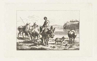 Maisema paimentar muulin päällä ja paimen lehmien kanssa tekijältä A. Dickhof (signed by artist)