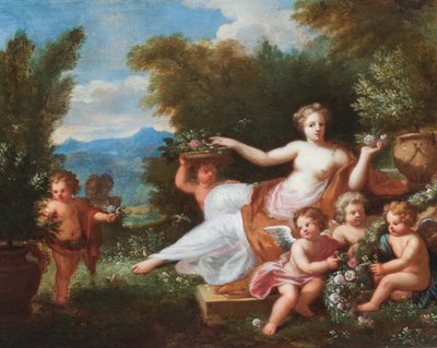 Flora makaa maisemassa, jossa putti tuo kukkia. (öljy kankaalle) tekijältä A. Diennen