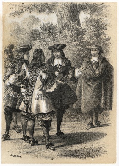 Jean Racinen (1639-1699) ja Pierre Corneillen (1606-1684) tapaaminen Pariisissa. Kaiverrus A. Duruy teoksessa "" Literary Illustrations of France; kulta, Anekdootti galleria tärkeimmistä kirjoittajistamme, jotka ovat kiinnostuneita heidän teoistaan ​​ja he tekijältä A. Duruy