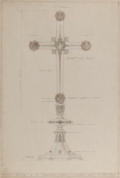 Korkea alttari: ehdotettu kultainen ja hopeinen risti, 5 jalkaa korkea (lyijykynä, muste, sivellin, wc, hopea- ja kultamaali harmaalle kartongille). tekijältä A. Edward Jones and Co.