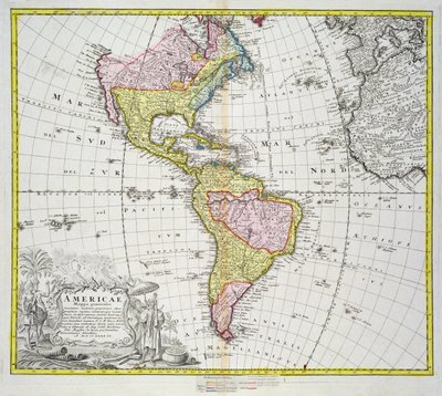 Amerikan kartta, julkaissut Homann, 1746 (värikaiverrus) tekijältä A. Gottlieb Boehm