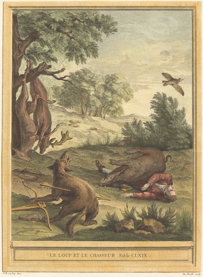 Susi ja metsästäjä tekijältä A. J. de Fehrt after Jean Baptiste Oudry