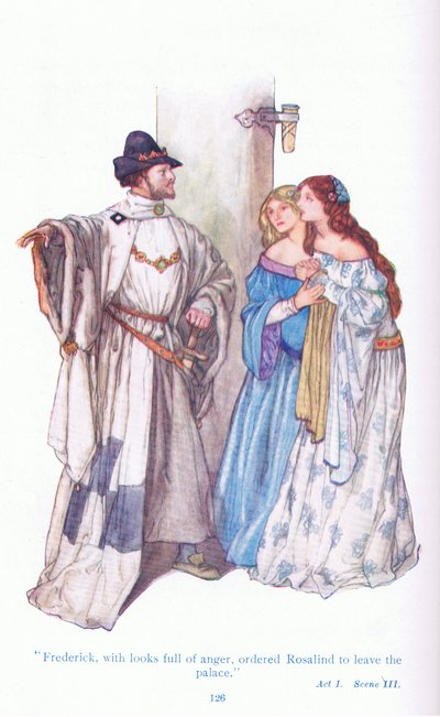 Frederick vihaisen näköisenä käski Rosalindin poistumaan palatsista (As You Like It), Tales from Shakespeare -pubista. kirjoittanut Ward Lock & Co Ltd tekijältä A. Jackson