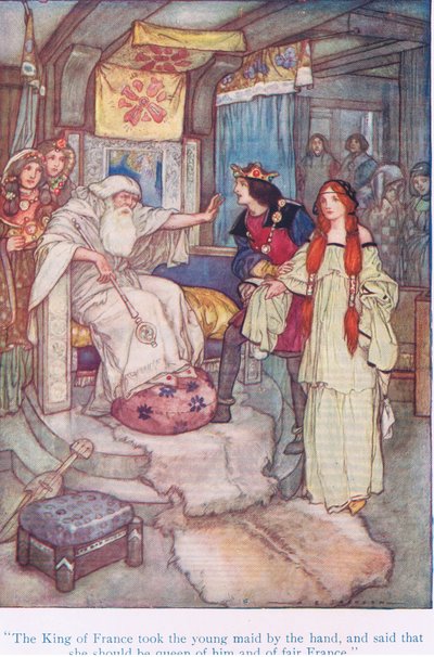 Ranskan kuningas otti nuoren piikan kädestä ja sanoi, että tämän pitäisi olla hänen ja kauniin Ranskan kuningatar (Kuningas Lear), Tales from Shakespeare -pubista. kirjoittanut Ward Lock & Co Ltd tekijältä A. Jackson