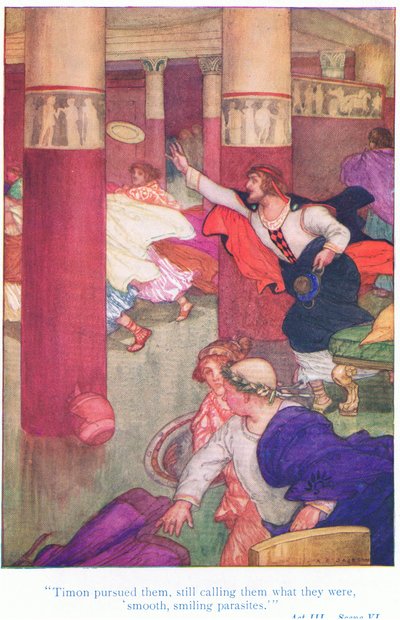 Timon jahtasi heitä kutsuen heitä edelleen miksi he olivat, sileiksi, hymyileviksi loisiksi (Timon of Athens), Tales from Shakespeare -pubista. kirjoittanut Ward Lock & Co Ltd tekijältä A. Jackson