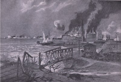 Itävaltalais-Unkarin torpedohävittäjät tuhosivat telakan Barissa (Italia), pubista The Illustrated History of the World War 1914-1915. kirjoittanut Union Berlagsefellfchaft tekijältä A. Kircher