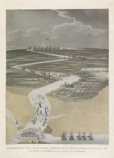 Brittiläinen retkikunta Antwerpeniin, 1809 Suuren retkikunnan maalauksellinen suunnitelma Länsi-Scheldtillä elokuussa 1809, joka osoittaa Antwerpenin lähestymisen vaikeuden (otsikko esineessä) tekijältä A. Lutz