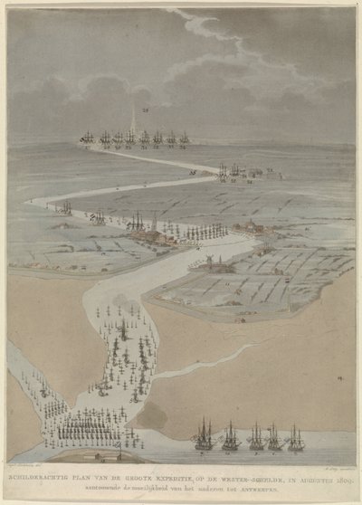 Lintuperspektiivistä Länsi-Scheldtille englantilaisten, hollantilaisten ja ranskalaisten laivastojen kanssa, 1809 Suuren retkikunnan maalauksellinen suunnitelma Länsi-Scheldtillä elokuussa 1809 (otsikko esineessä) tekijältä A. Lutz