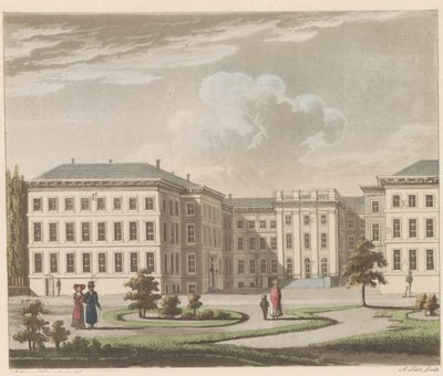 Noordeinden palatsi Haagissa, 1810-1825 Le Palais royal à La Haye, vu du jardin / Haagin kuninkaallinen palatsi puutarhan puolelta katsottuna (otsikko esineessä) tekijältä A. Lutz