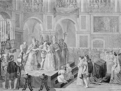Henri III:n (1553-1610) ja ranskalaisen Margueriten (1553-1615) avioliitto vuosina 1572, 1832 tekijältä A. Regnier