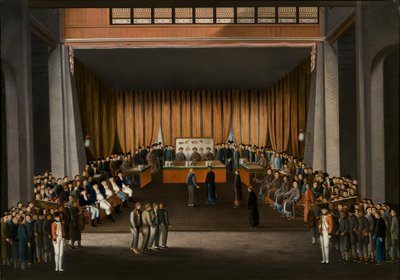 Kiinalainen tuomioistuin Kantonin brittitehtaan salissa 9. huhtikuuta 1807, noin 1810 (öljy paperille). tekijältä A. Roland Knight