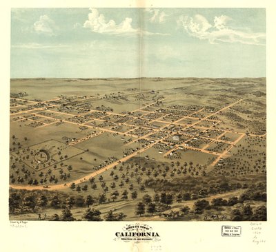 Kalifornian lintuperspektiivistä, Moniteau Co., Missouri 1869. LOC 73693471 tekijältä A. Ruger