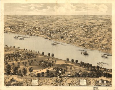 Jefferson City, Missourin pääkaupunki, lintuperspektiivistä 1869. LOC 73693479 tekijältä A. Ruger