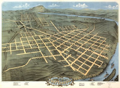 Lintuperspektiivistä Chattanoogan kaupunki, Hamilton County, Tennessee 1871. tekijältä A. Ruger