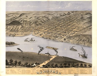 Hannibalin kaupunki lintuperspektiivistä, Marion Co., Missouri 1869. LOC 73693475 tekijältä A. Ruger
