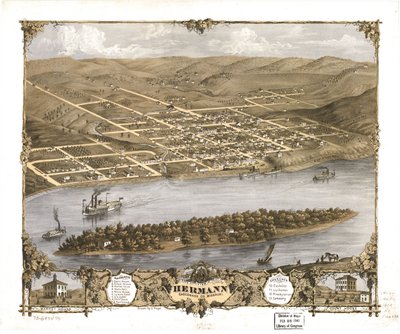 Hermannin kaupunki lintuperspektiivistä, Gasconade Co., Missouri 1869. LOC 73693476 tekijältä A. Ruger