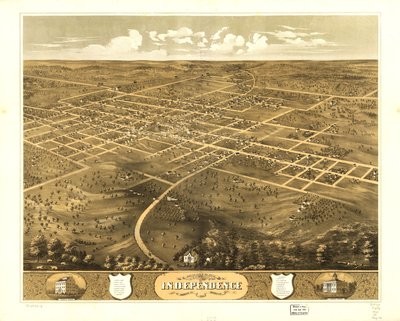 Independencen kaupunki lintuperspektiivistä, Jackson Co., Missouri 1868. LOC 73693478 tekijältä A. Ruger