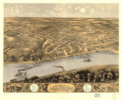 Lexingtonin kaupunki lintuperspektiivistä, Lafayette Co., Missouri 1869. LOC 73693481 tekijältä A. Ruger
