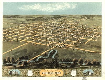 Marshalltownin kaupunki lintuperspektiivistä, Marshall Co., Iowa 1868. LOC 73693402 tekijältä A. Ruger