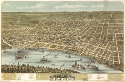 Memphisin kaupunki lintuperspektiivistä, Tennessee 1870. LOC 73694530 tekijältä A. Ruger