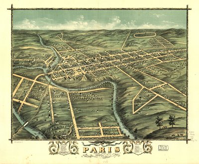 Parisin kaupunki lintuperspektiivistä, Bourbonin piirikunta, Kentucky 1870. LOC 73693417 tekijältä A. Ruger