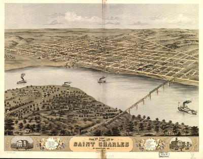Saint Charlesin kaupunki lintuperspektiivistä, St. Charles Co., Missouri 1869. LOC 73693488 tekijältä A. Ruger