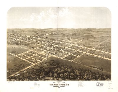Warrensburgin kaupunki lintuperspektiivistä, Johnson Co., Missouri 1869. LOC 73693492 tekijältä A. Ruger