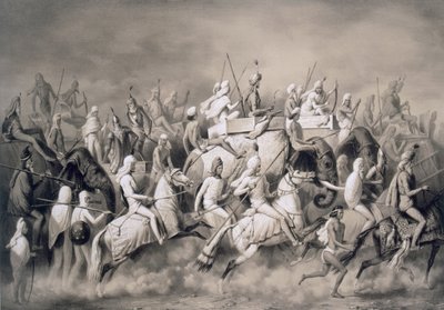 Chir Singh, sikhien maharadža ja Punjabin kuningas seuran kanssa metsästämässä Lahoren lähellä, 1859 tekijältä A. Soltykoff