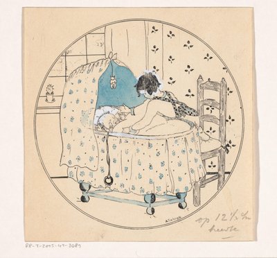 Tyttö haluaa nostaa vauvan sängystä tekijältä A. Tinbergen (signed by artist)