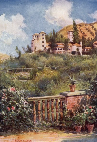 Granada, Näkymä Generalifelle (väri litho) tekijältä A. Trevor Haddon