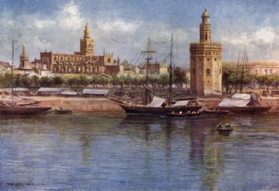 Sevilla, Torre del Oro ja katedraali (värilitho) tekijältä A. Trevor Haddon