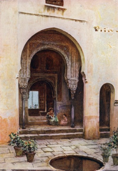 Alhambra, Mexuarin tuomioistuin, läntinen julkisivu (väri litho) tekijältä A. Trevor Haddon
