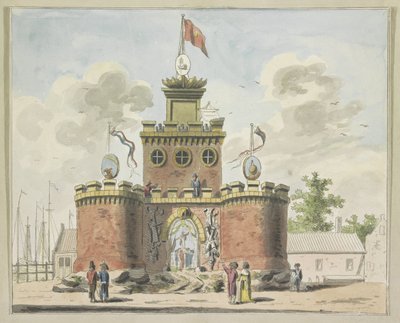 General Arms, koristelu Kadijkspleinillä, 1795 Kymmenen lautasta Amsterdamin Alliantiefeestin koristeista vuonna 1795 (sarjan nimi) tekijältä A. Verkerk