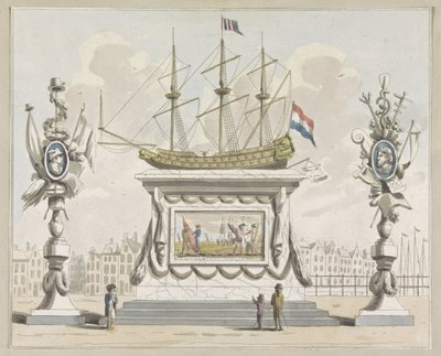 Kauppa ja merenkulku, koristelu Nieuwmarktilla, 1795 Kymmenen lautasta Amsterdamin Alliantiefeestin koristeista vuonna 1795 (sarjan nimi) tekijältä A. Verkerk