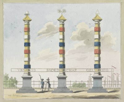 Vapaus, veljeys ja tasa-arvo, koristelu Hogesluissa, 1795 Kymmenen lautasta Amsterdamin Alliantiefeestin koristeista vuonna 1795 tekijältä A. Verkerk