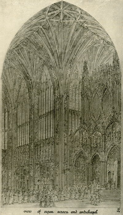 Arkkitehtoninen piirustus: näkymä urkuverhosta ja antikappelista, 1833-1834, 1906. tekijältä A. W. N. Pugin