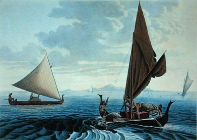 Näkymä Tinianin saarelle: Korsun kanootit Caroline-saarilta, Coutantin kaivertama Voyage Autour du Monde sur les Corvettes de L