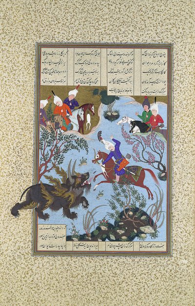 Bahram Gur surmaa sarvikuonon, Folio 586r Shahnama Kings Bookista..., n. 1530-35. tekijältä 