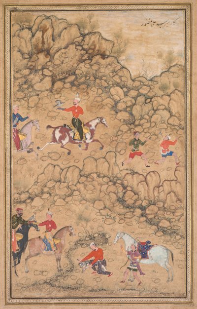 Metsästys haukkojen kanssa maisemassa, n. 1558-1560, rajat lisätty luultavasti 1700-luvulta. tekijältä Abd al Samad