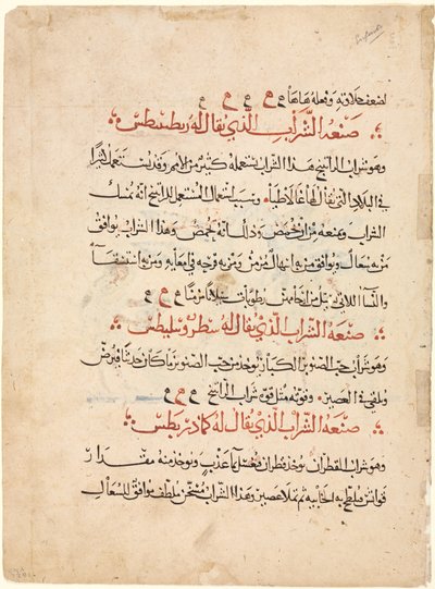 Tekstisivu Dioscoridesin Materia Medicasta tekijältä Abdallah ibn al Fadl (Iraq)