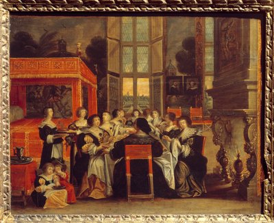 Naisten keskustelu aviomiehensä poissa ollessa: Abraham Bossen (1602-1676) päivällismaalaus 1600-luvun Egouen. Kansallinen renessanssimuseo tekijältä Abraham (after) Bosse
