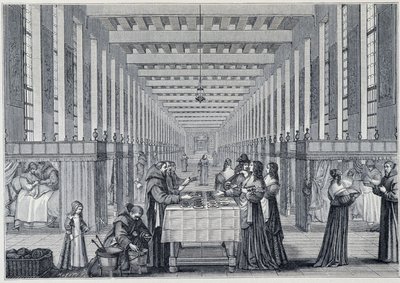 Sisäkuva Hôital de la Chariten sairaalasta (kutsutaan myös Freres-de-Saint-Jean-de-Dieun sairaalaksi), Pariisissa - Kaiverrus d