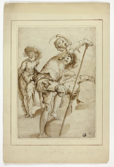 Seisova sotilas, seisova nainen ja kumartuva rumpali. tekijältä Abraham Bloemaert
