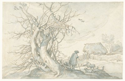 Paimen lampaiden kanssa kuolleen puun ääressä tekijältä Abraham Bloemaert