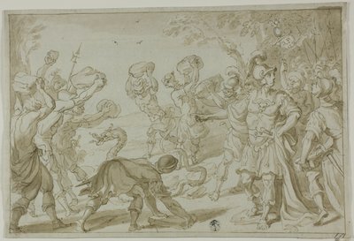 Roomalaiset sotilaat kivittämässä käärmettä tekijältä Abraham Bloemaert