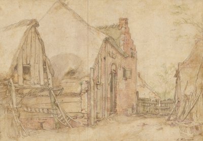 Näkymä maatilan pihalta (etupuoli); puututkielma (kääntöpuoli) tekijältä Abraham Bloemaert