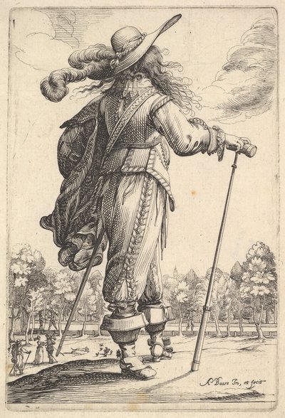 Takaapäin katsottuna oikealle kävelevä herrasmies kepillä ja pukeutunut..., 1629. tekijältä Abraham Bosse
