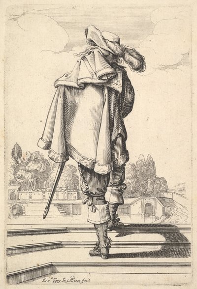 Herrasmies, takaa katsottuna, kävelee kaiteita ylös, viitta vasemmalla olkapäällään..., 1629. tekijältä Abraham Bosse